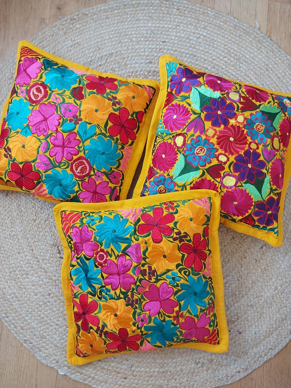 Kissenbezug mexikanisch bestickt gelb Blumen, Kissen Mexican style, Bunte Kissenhülle