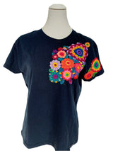 Bestickte T-Shirt, Frida Mode, Mexikanisch, Blumen buntes T-Shirt, hippie, gypsie, Baumwolle, navy, dunkelblau, flower power, ethno, Stickerei, Sommer