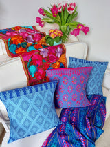 Boho decorative pillow Maya turquoise blue, hand sewn and embroidered from Mexico