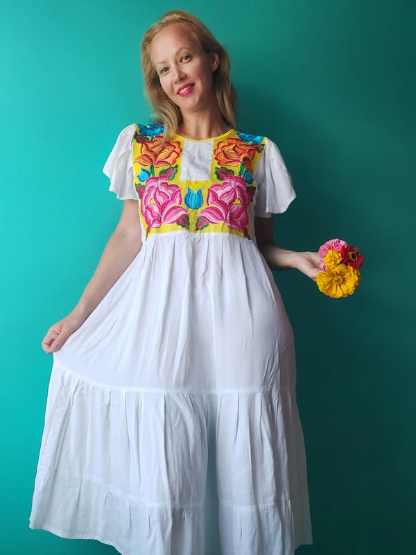 Mexican Oaxaca dress (white) with floral embroidery, boho summer dress