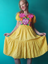 Mexican Oaxaca dress (yellow) with floral embroidery, boho summer dress