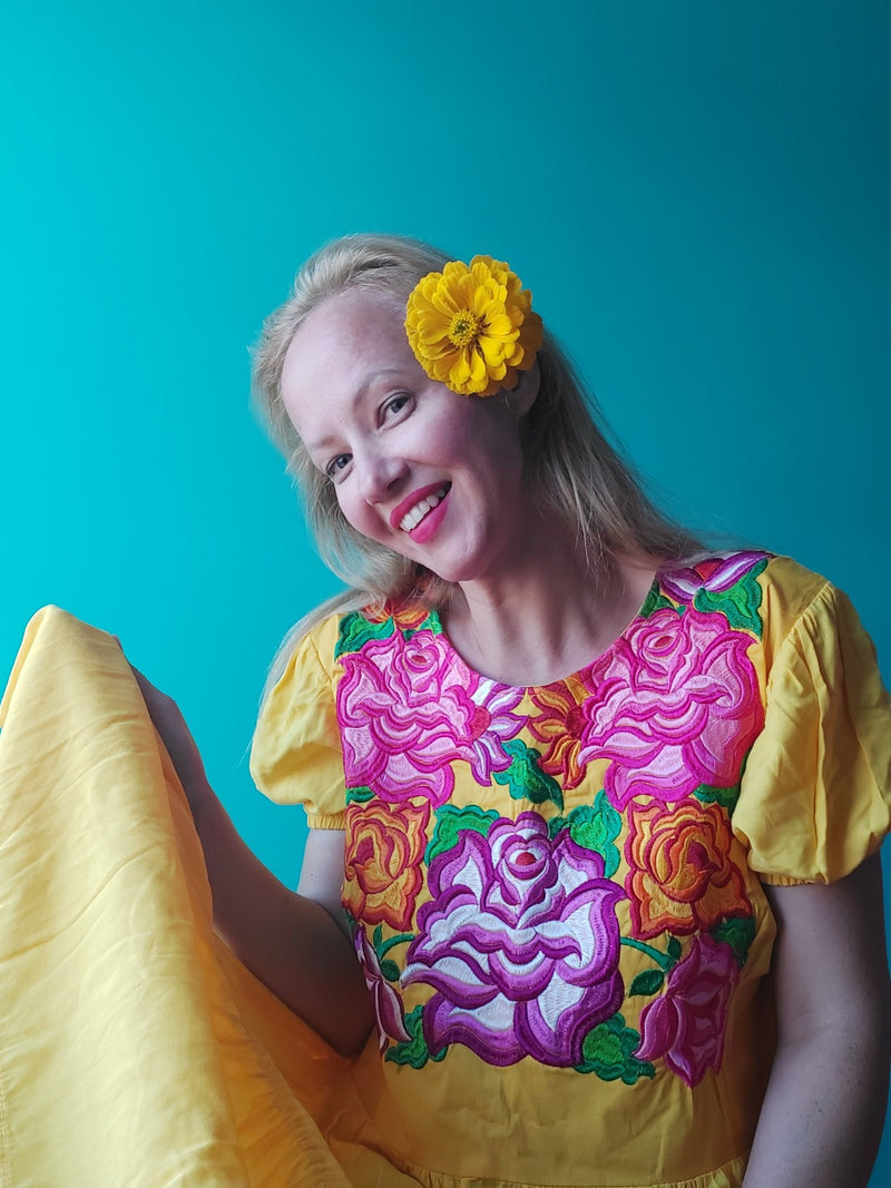 Mexican Oaxaca dress (yellow) with floral embroidery, boho summer dress