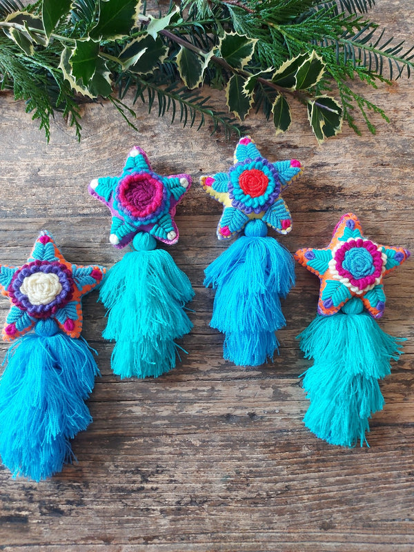 Tree decoration star (blue-turquise 2) with embroidery from Mexico, Christmas Decoration