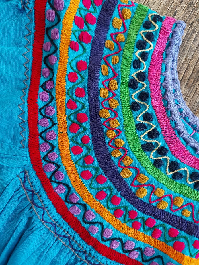 Bluse-Tunika-Top langarm, (blau-türkis) handbestickt aus Mexiko