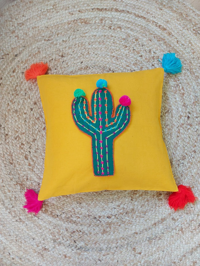 Hand embroidered Frida Kahlo pillow from Mexico with flower embroidery (pink)