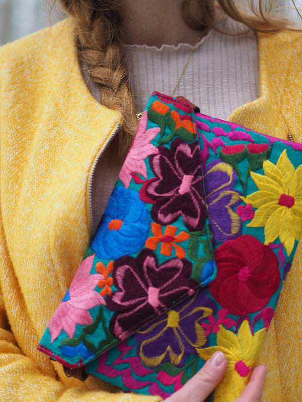 Boho clutch - evening bag - shoulder bag flower meadow (turquoise-green-yellow) from Mexico
