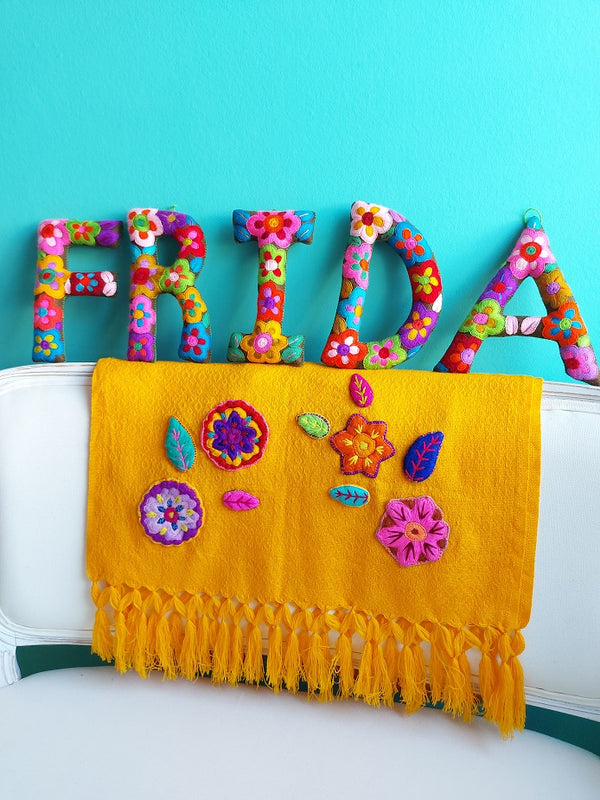 FRIDA wall decoration, letters made of felt, hand-embroidered in Mexico