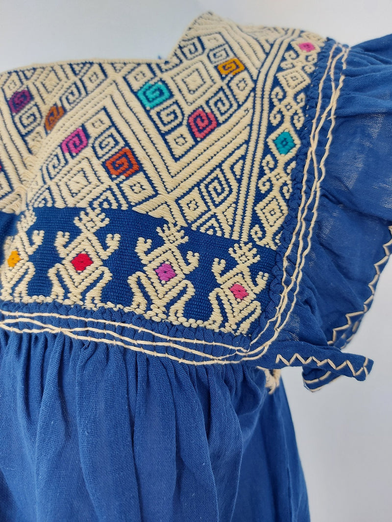 Bohochic summer top, blouse (royal blue) with flounce short sleeves, embroidered from Mexico
