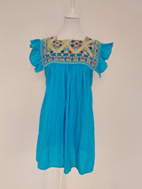 Bohochic summer top, blouse (turquoise) with flounce short sleeves, embroidered from Mexico