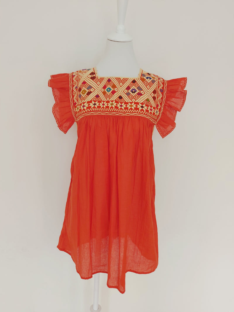 Bohochic summer top, blouse (salmon-orange) with flounce short sleeves, embroidered from Mexico
