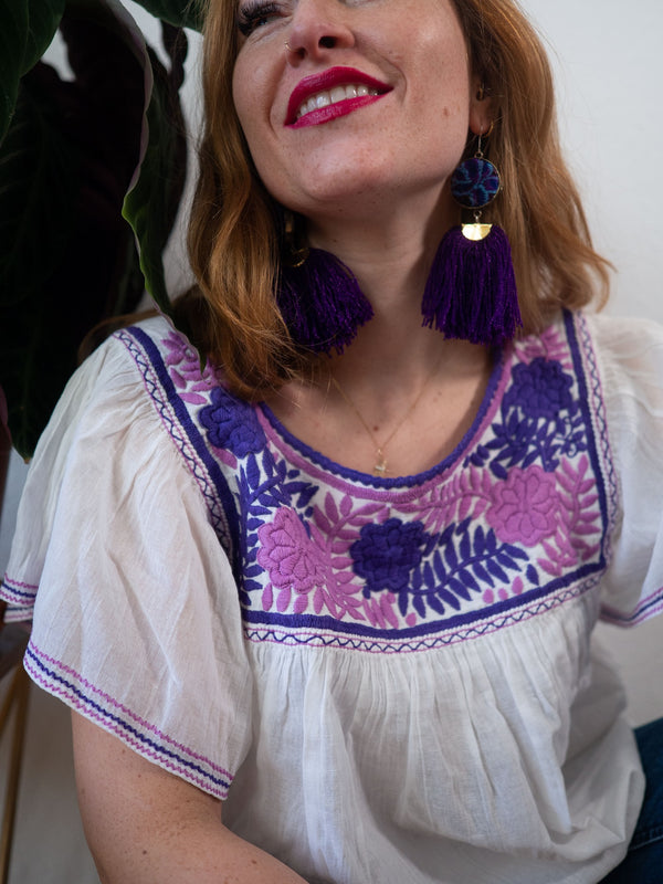 Blouse tunic top flounce sleeves (purple) hand embroidered from Mexico