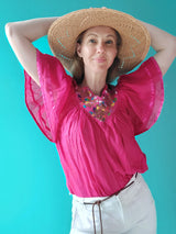 Mexikanische Bluse Tunika Mode Blumenstickerei Kunsthandwerk mexican fashion blouses tunics summer online shop europe blue pink V-Ausschnitt