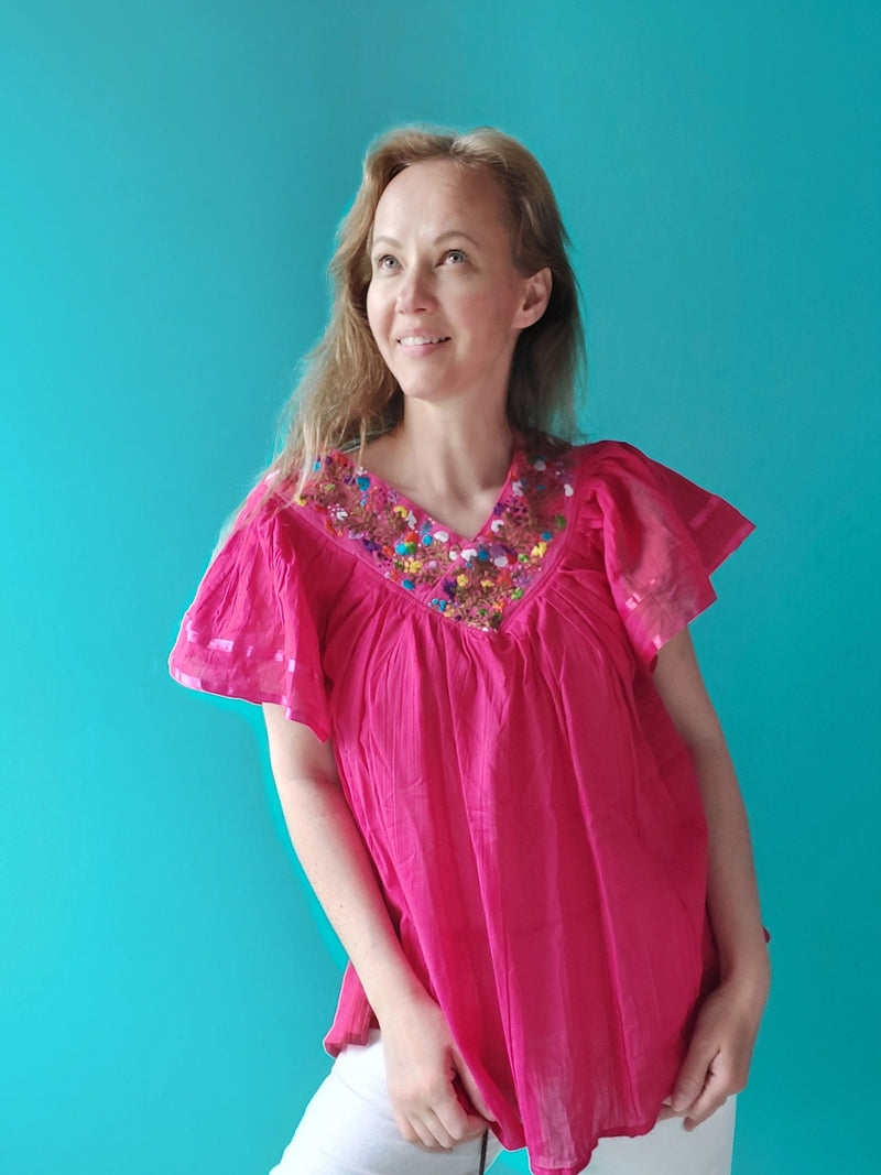 Mexikanische Bluse Tunika Mode Blumenstickerei Kunsthandwerk mexican fashion blouses tunics summer online shop europe blue pink V-Ausschnitt