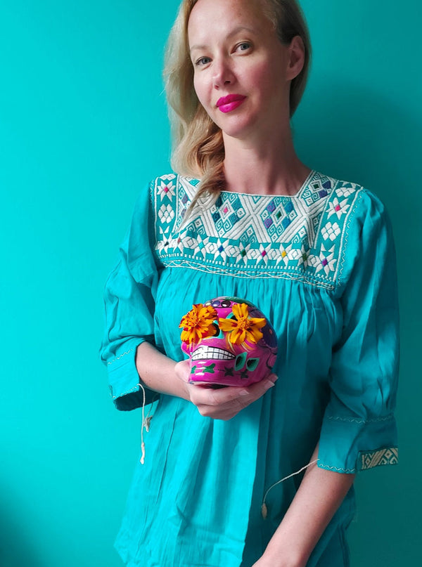 Mexikanische Bluse Mode Kunsthandwerk Textilien Bekleidung türkis mexican fashion blouse handmade Chiapas