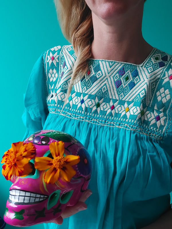 Blouse tunic top San Andres (turquoise) hand woven and hand embroidered from Mexico
