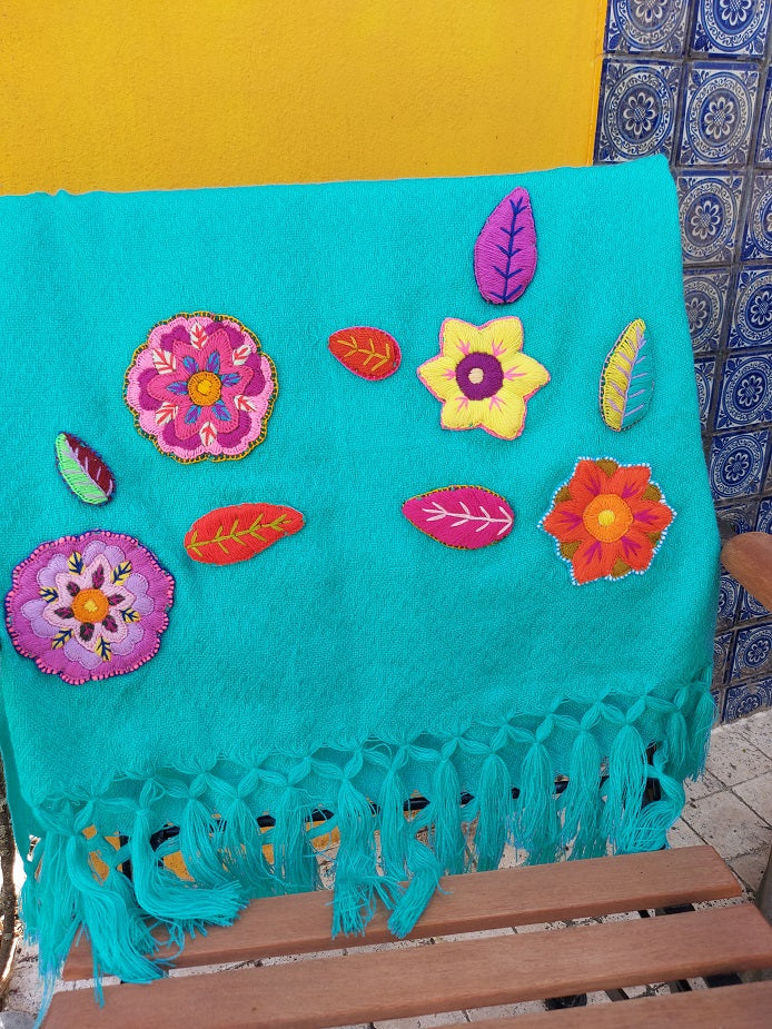 Boho scarf (turquise) with floral embroidery from Mexico