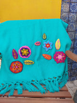 Boho Schal/ Tuch (türkis) mit Blumenstickerei aus Mexiko
