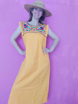 Mexikanische Kleid Tunika embroidery dress maxi lang clothing online shop european colourful Mexiko mexican Mode fashion Blumen flower gelb yellow