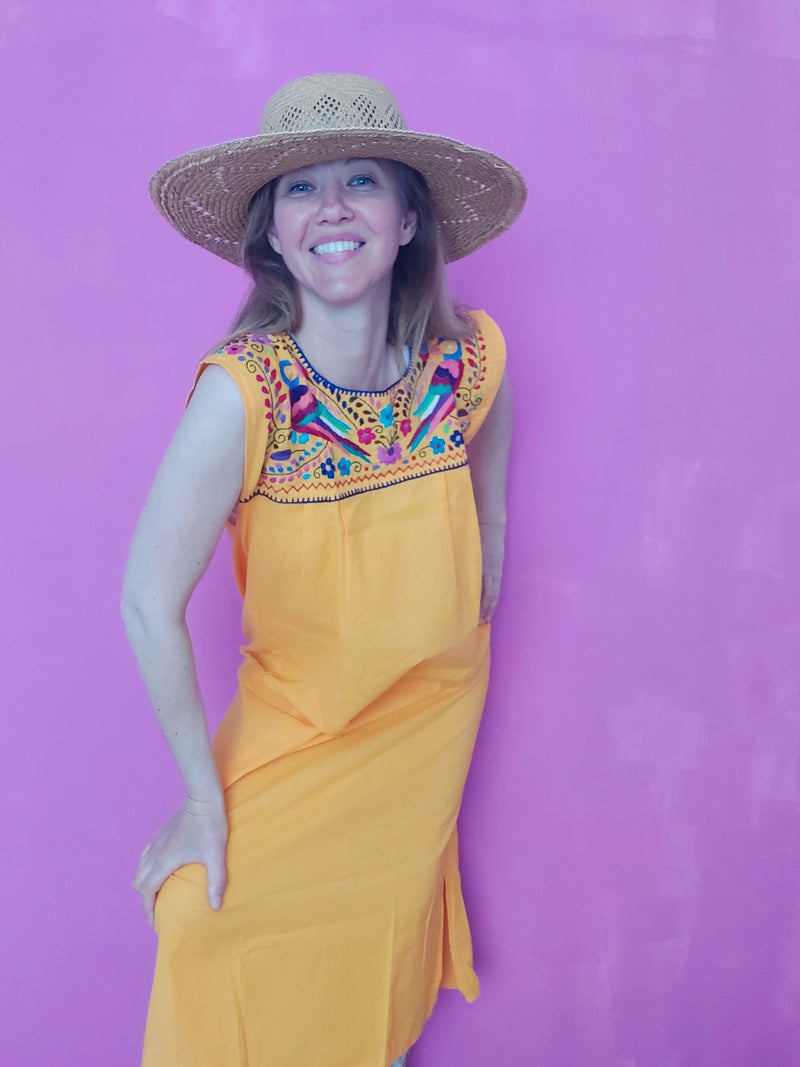 Mexikanische Kleid Tunika embroidery dress maxi lang clothing online shop european colourful Mexiko mexican Mode fashion Blumen flower, gelb yellow, birds, jungle