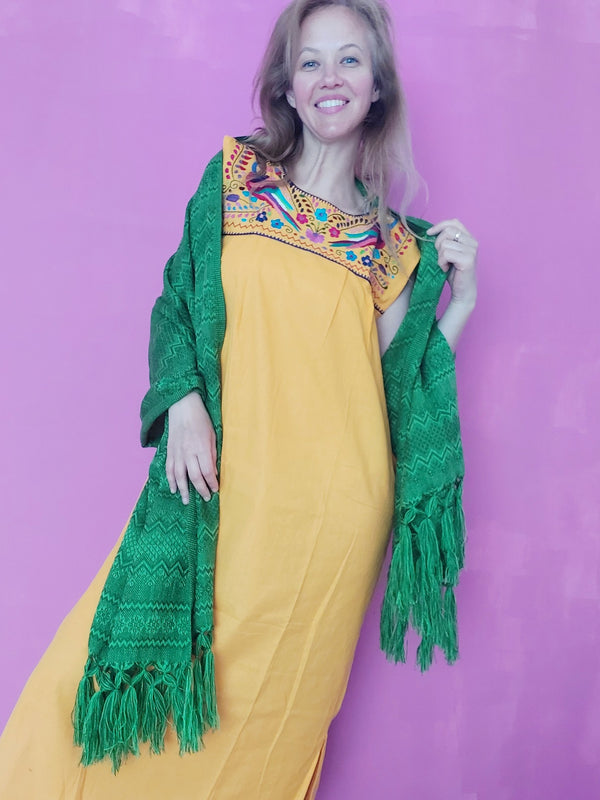 Mexikanische Kleid Tunika embroidery dress maxi lang clothing online shop european colourful Mexiko mexican Mode fashion Blumen flower yellow gelb jungle bird