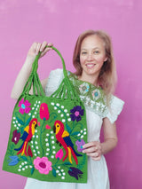 Shopper Beachtasche Beachbag Schultertasche grün Vögel Tiere jungle bestickt aus Mexiko embroidery mexican grün green