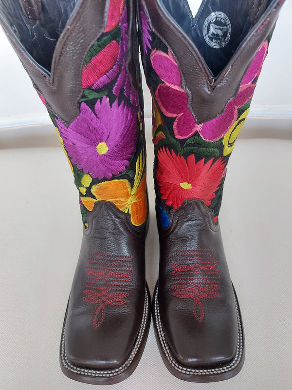 Leder-Cowboystiefel Damen mit Blumenstickerei (Modell 4) aus Mexiko (braun)