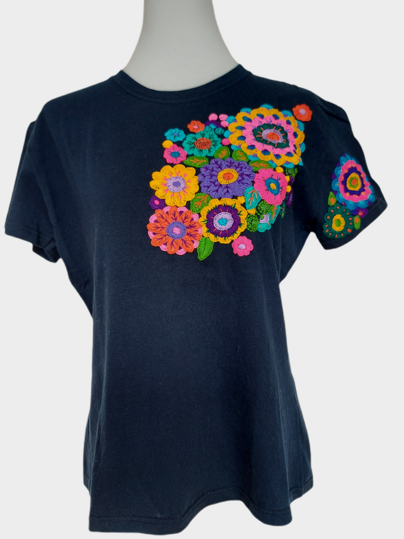 Bestickte T-Shirt, Frida Mode, Mexikanisch, Blumen buntes T-Shirt, hippie, gypsie, Baumwolle, navy, dunkelblau, flower power, ethno, Stickerei, Sommer