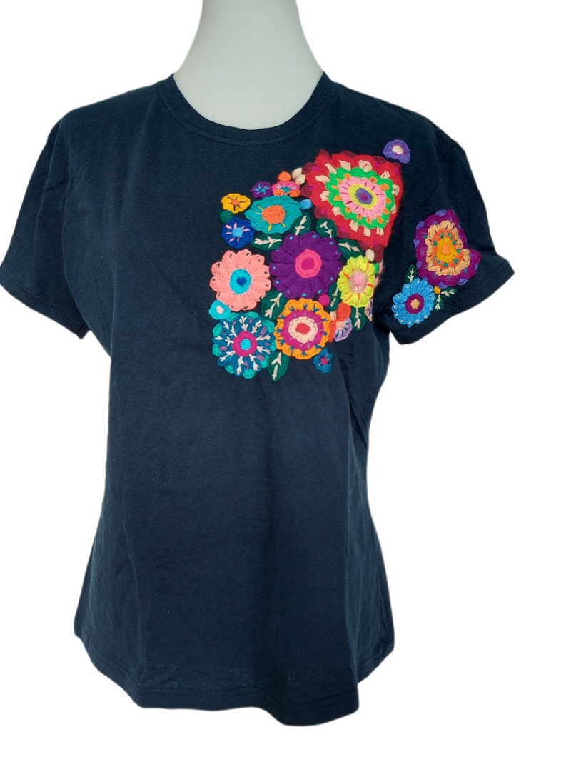 Bestickte T-Shirt, Frida Mode, Mexikanisch, Blumen buntes T-Shirt, hippie, gypsie, Baumwolle, navy, dunkelblau, flower power, ethno, Stickerei, Sommer