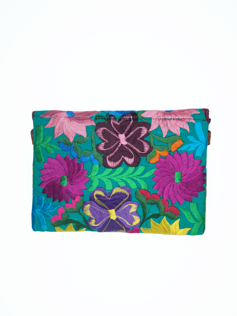 Boho clutch - evening bag - shoulder bag flower meadow (turquoise-green-yellow) from Mexico