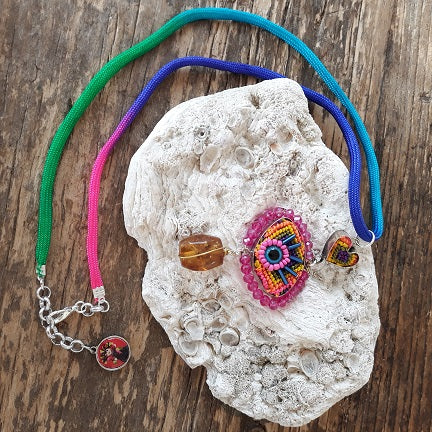 Boho necklace with eye and amber (blue green)